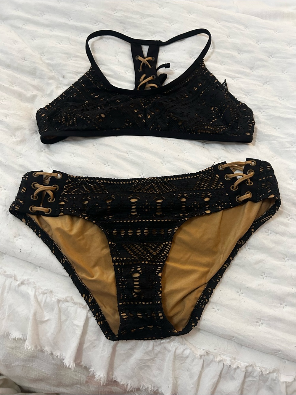 Becca Le Boheme Black Crochet Lace Bikini Large